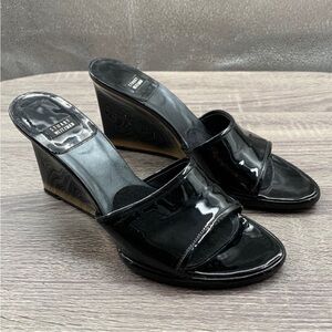 Stuart Weitzman Glossy Black Open Toe Wedge Mules. 7B.